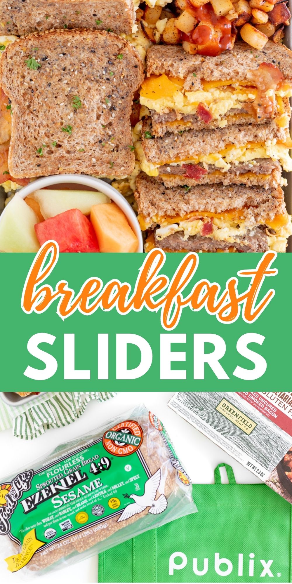 Sausage Bacon Breakfast Sliders on Bread Promotional Pin Image