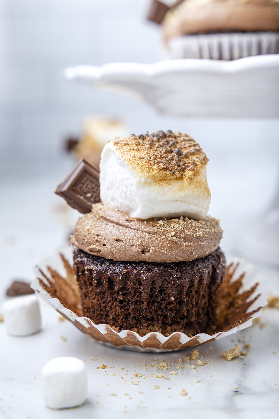 straight view of moist chocolate cupcake with chocolate frosting, toasted marshmallow, mini hershey chocolate bar and dusted with graham cracker crumbs