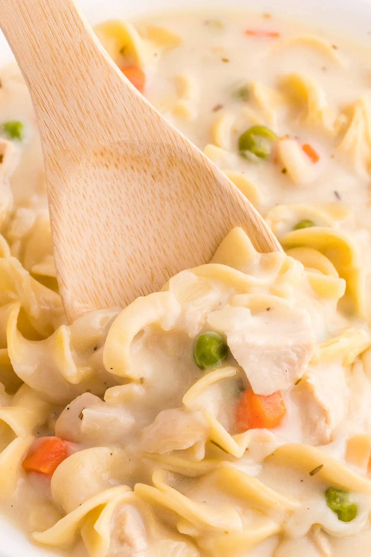 wooden spoon inserted into a pot of creamy chicken noodle soup with wide egg noodles, peas and carrots