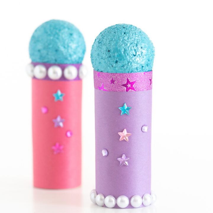 diy toy microphones made of construction paper and toilet paper rolls and sticker gems