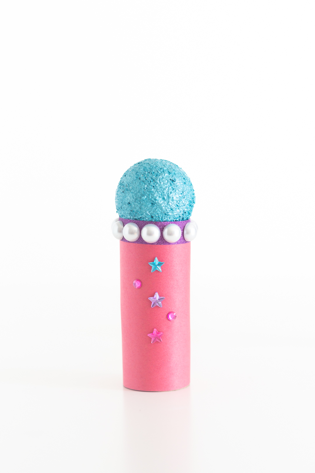Pink, blue and purple diy microphone craft with faux pearls and sticker gems