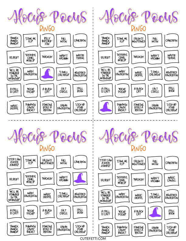 hocus pocus printable bingo sheets