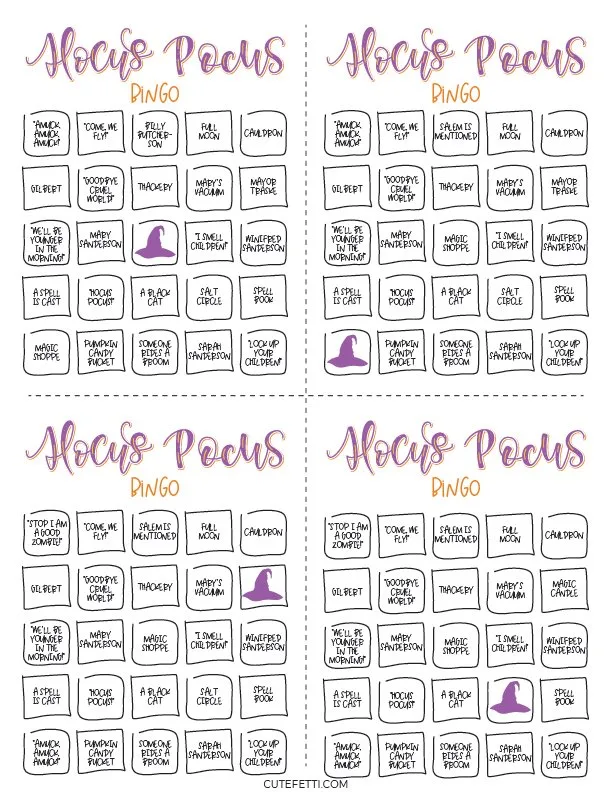 hocus pocus printable bingo sheets