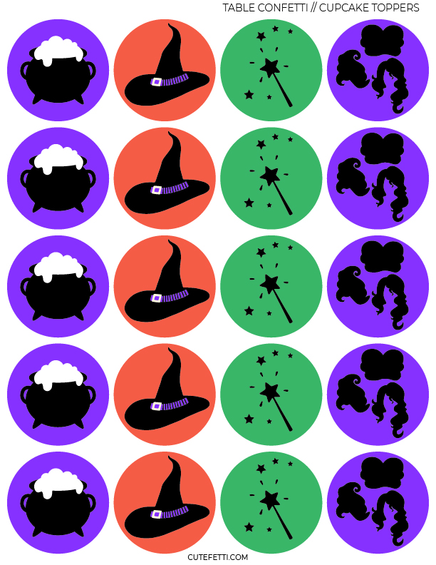 hocus pocus cupcake toppers with witch hat, witch cauldron