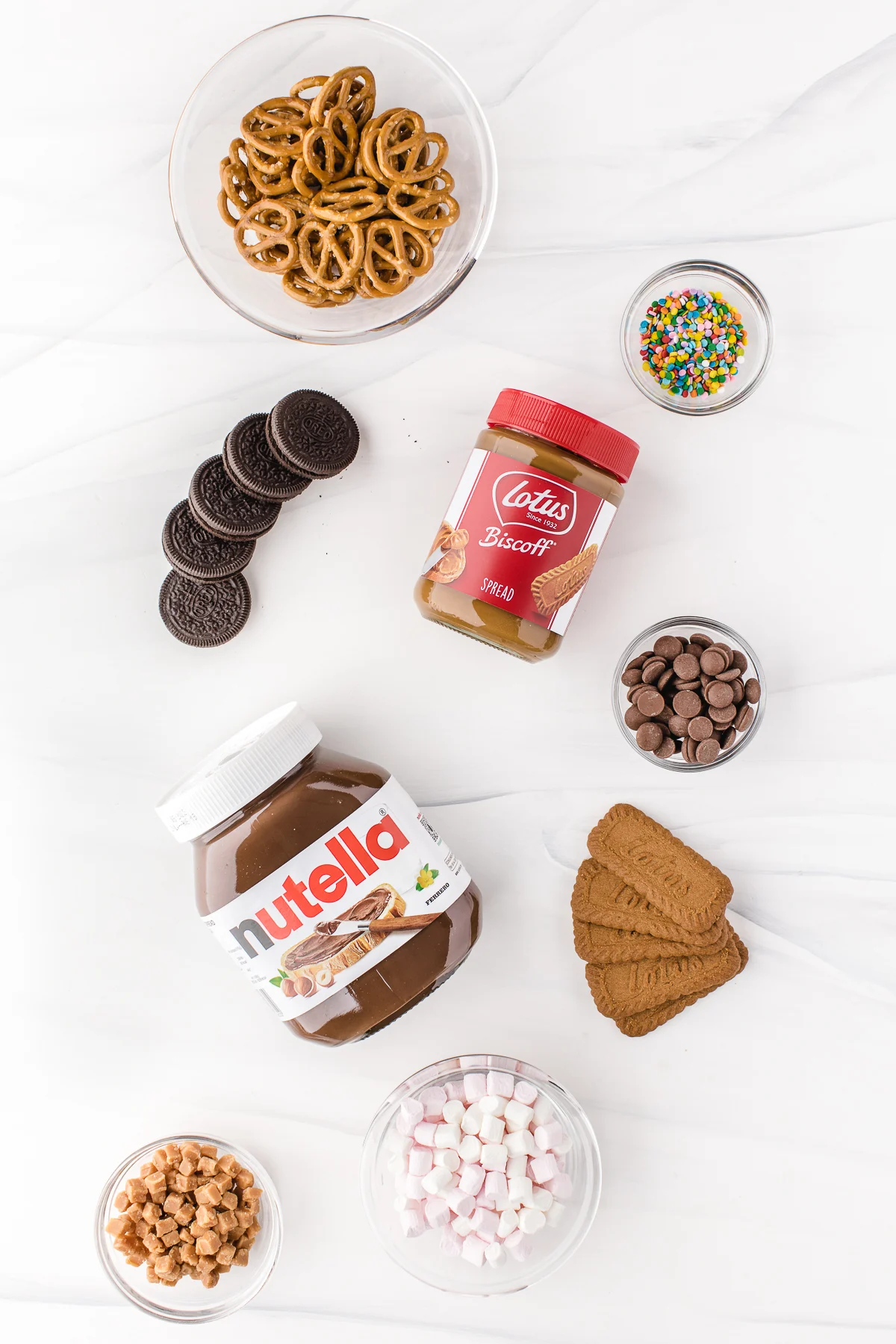 ingredients used to make a biscoff and nutella butter board