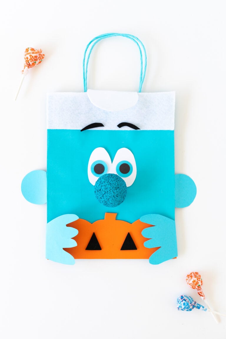 overhead view of diy halloween smurf treat bag