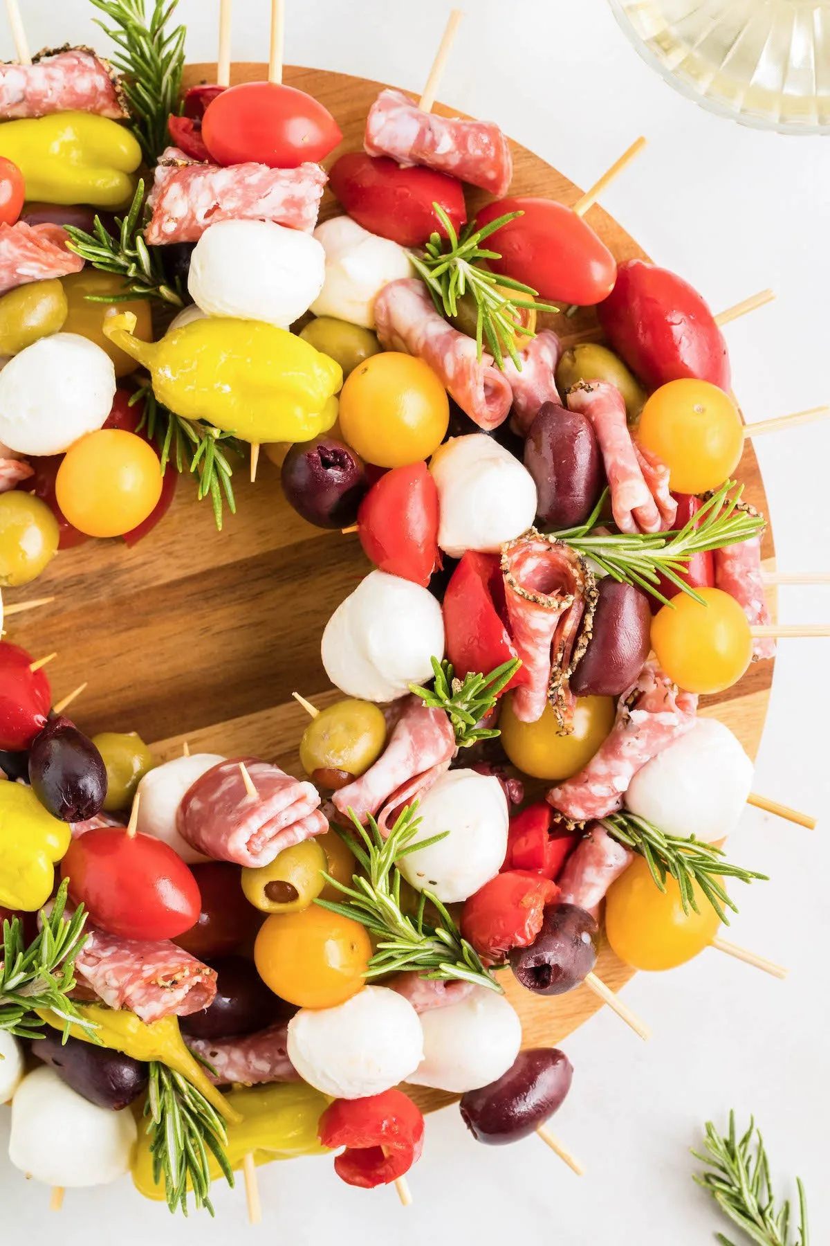 close up antipasto wreath over the top made with antipasto skewers