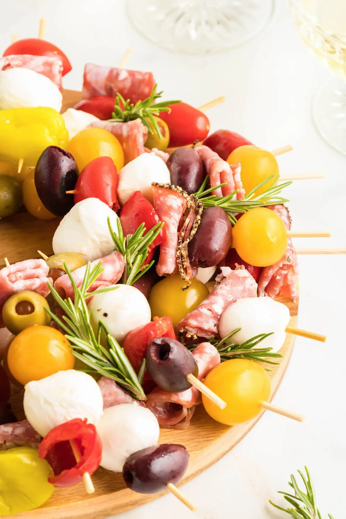 slightly angled photo of an antipasto skewer appetizer