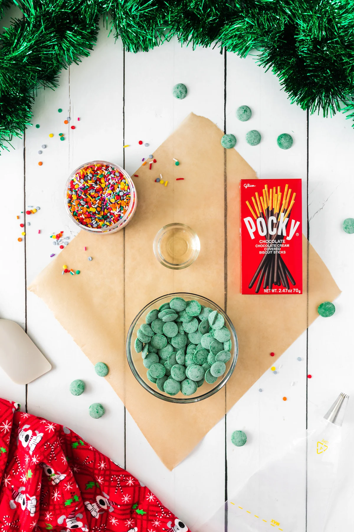 pocky christmas tree ingredients laid out on a table