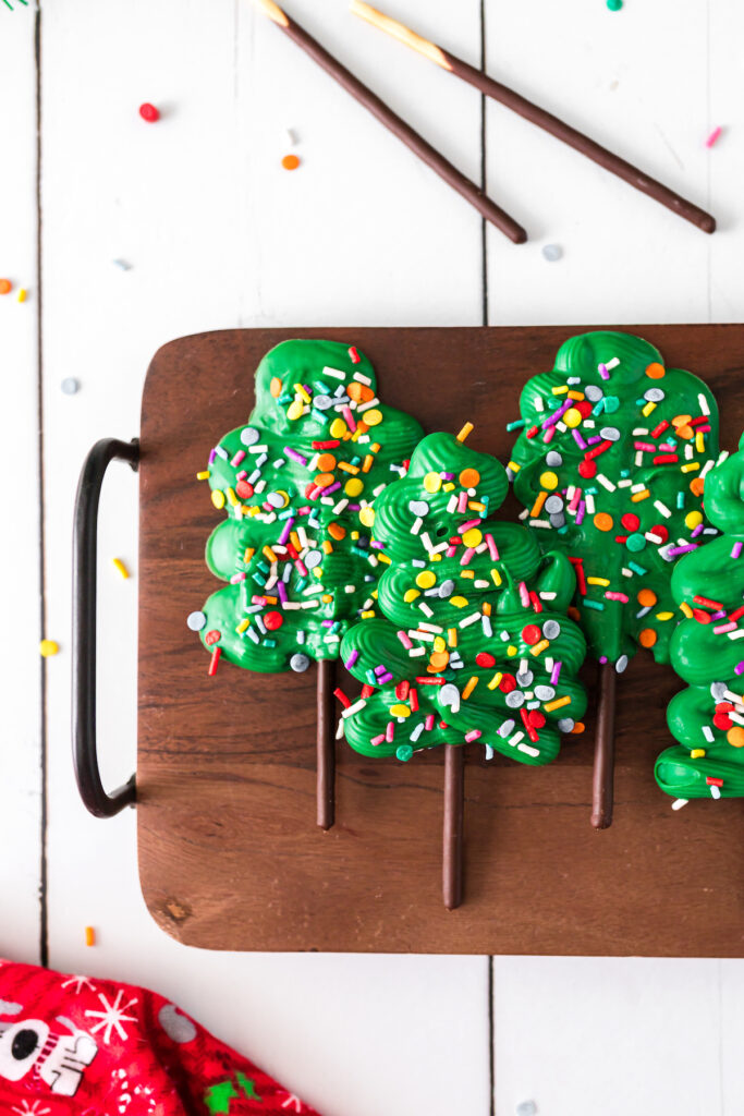 pocky christmas tree treats set out on a platter for serving