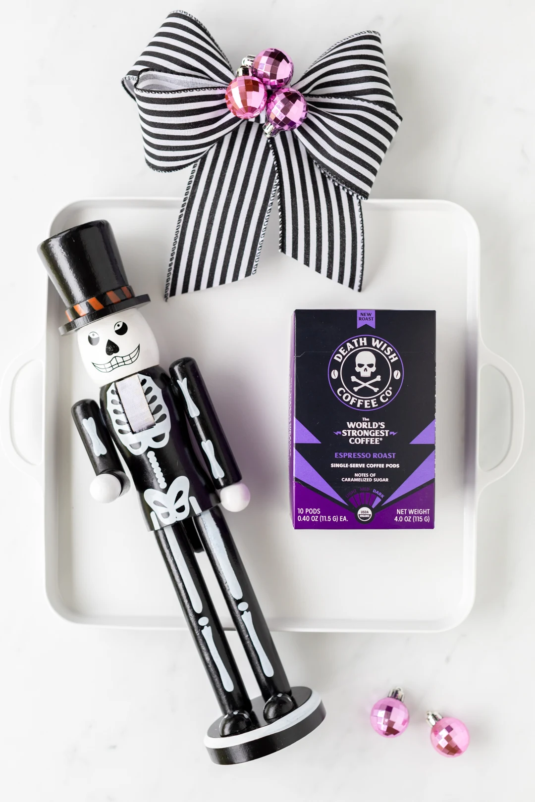 death wish coffee kcups, skeleton nutcracker themed for christmas gifts