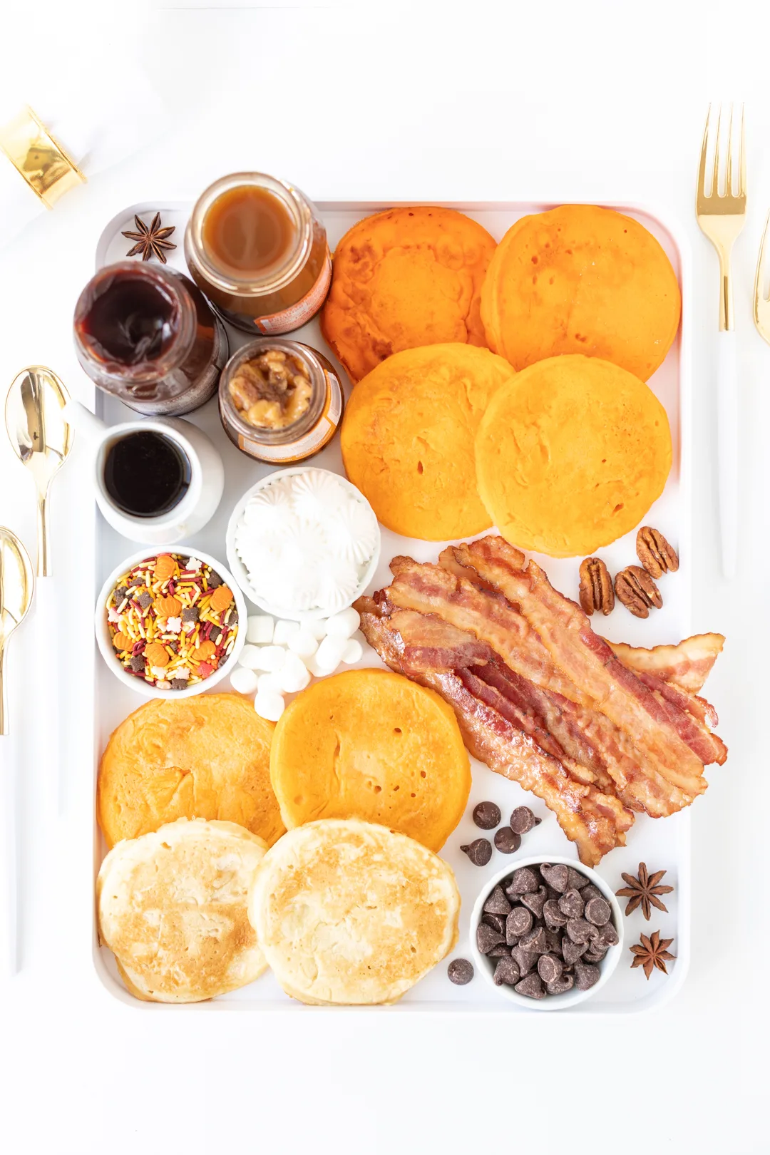 flat lay of a pancake breakfast board themed for friendsgiving