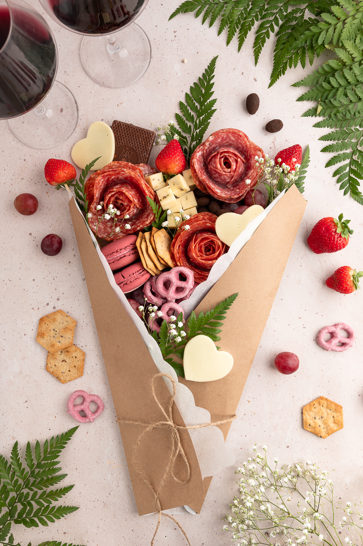 pretty charcuterie bouquet for date night at home, valentine's day or new year's eve