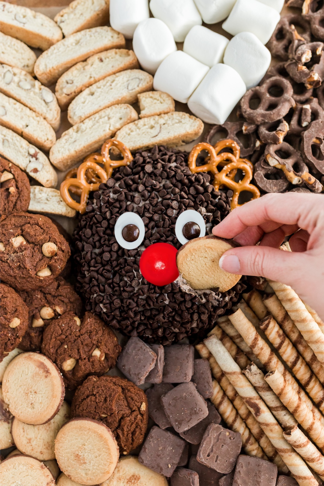 dipping a cookie into a reindeer cheeseball