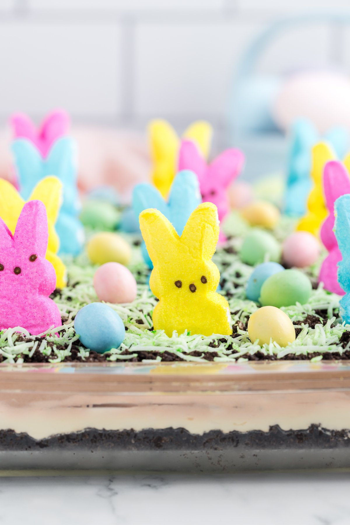straight view of middle of peeps dirt cake for easter