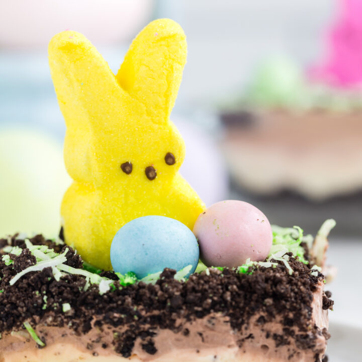 Up close view of a slice of Easter Cake with Peeps on Top.