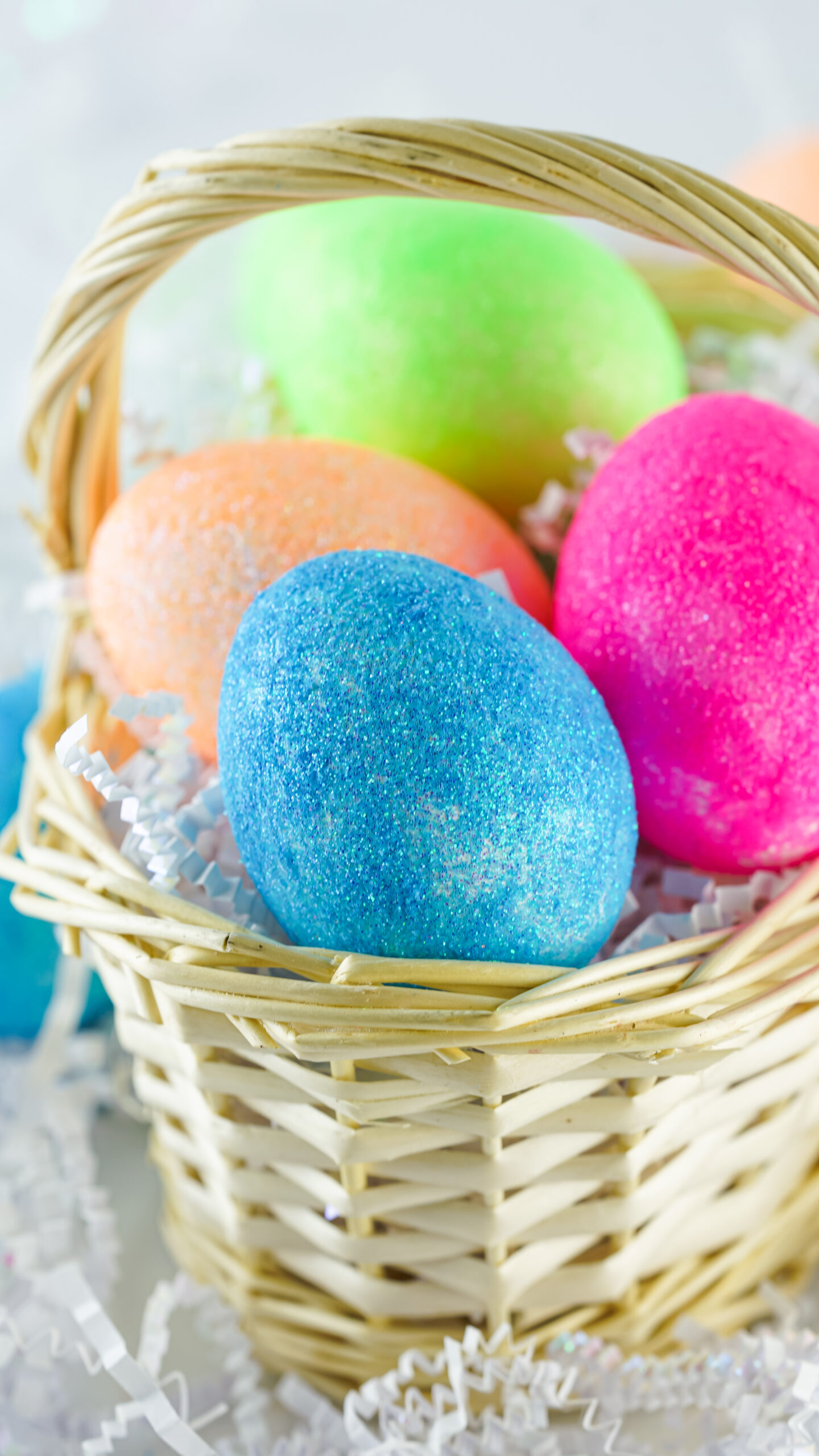 up close view of Basket of Glitter Easter Eggs
