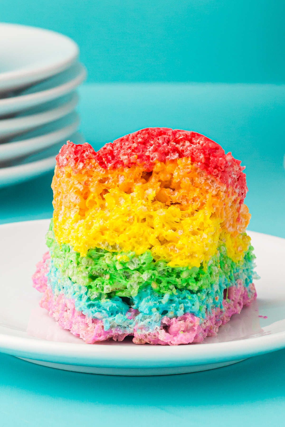 up close view of slice of rainbow cake using rice cereal