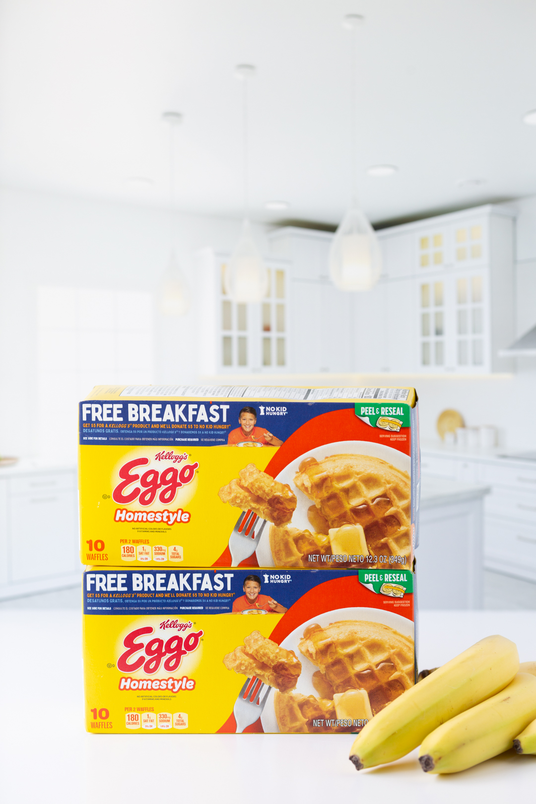 eggo homestyle waffle packages next to banana