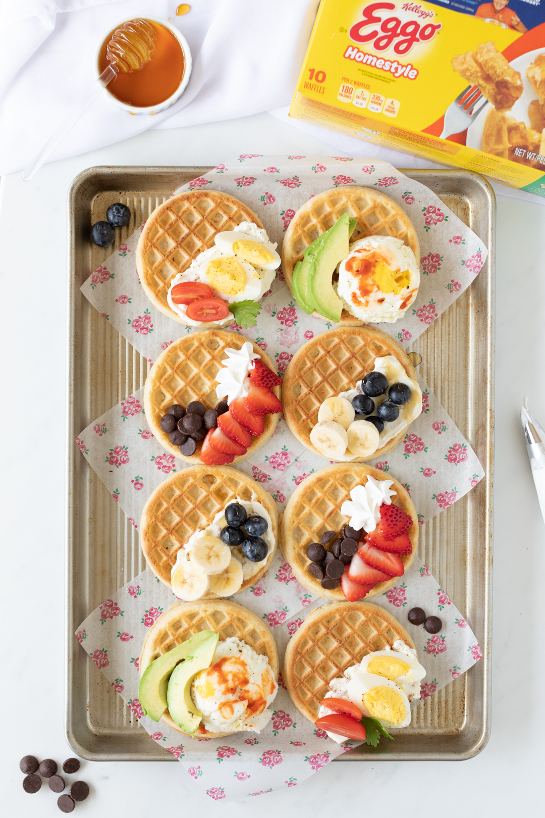 eggo waffles with a variety of sweet and savory toppings