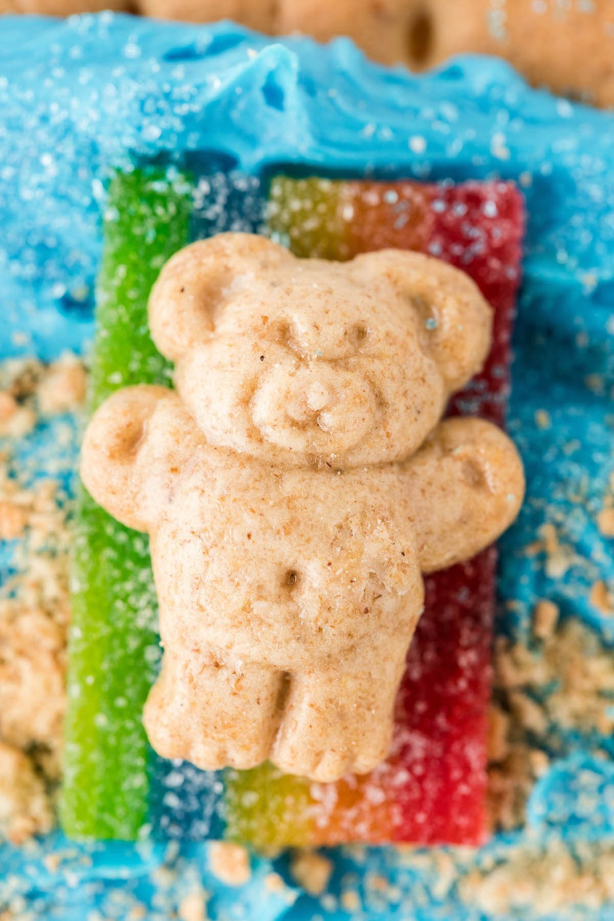 super cute beach themed teddy graham laying on a candy towel