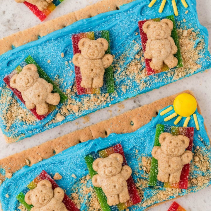 up close over the top view of beach themed graham crackers with teddy grahams and a candy sun. cute kid snack.