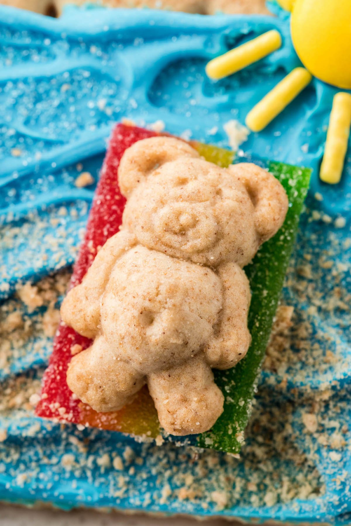 up close view of teddy graham snack that looks like a beach