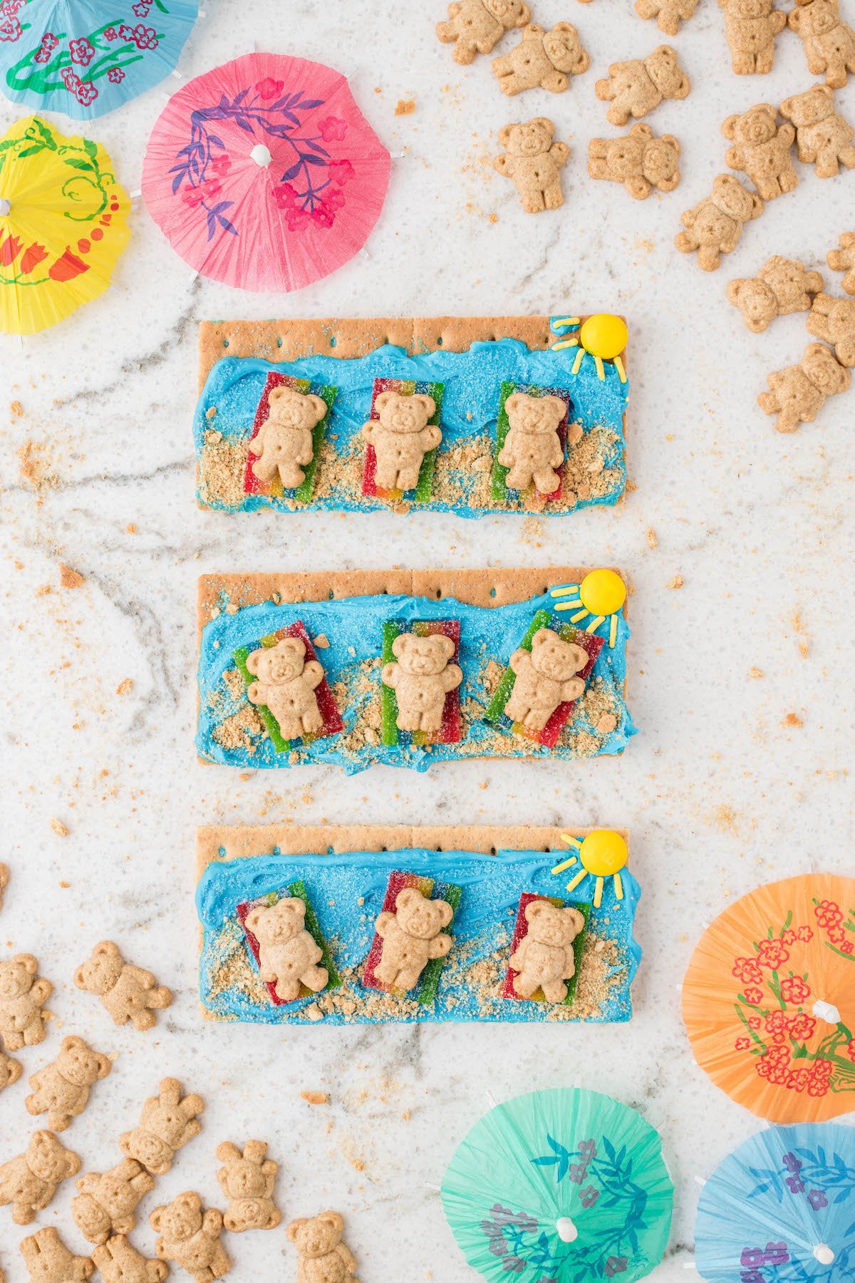 cute beach graham crackers lined up in a flat lay photo