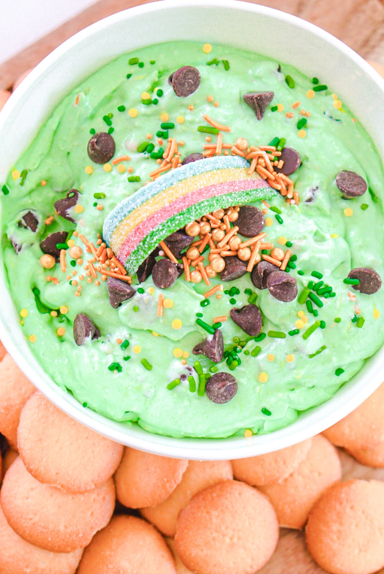 over the top view of leprechaun dip served with vanilla wafers