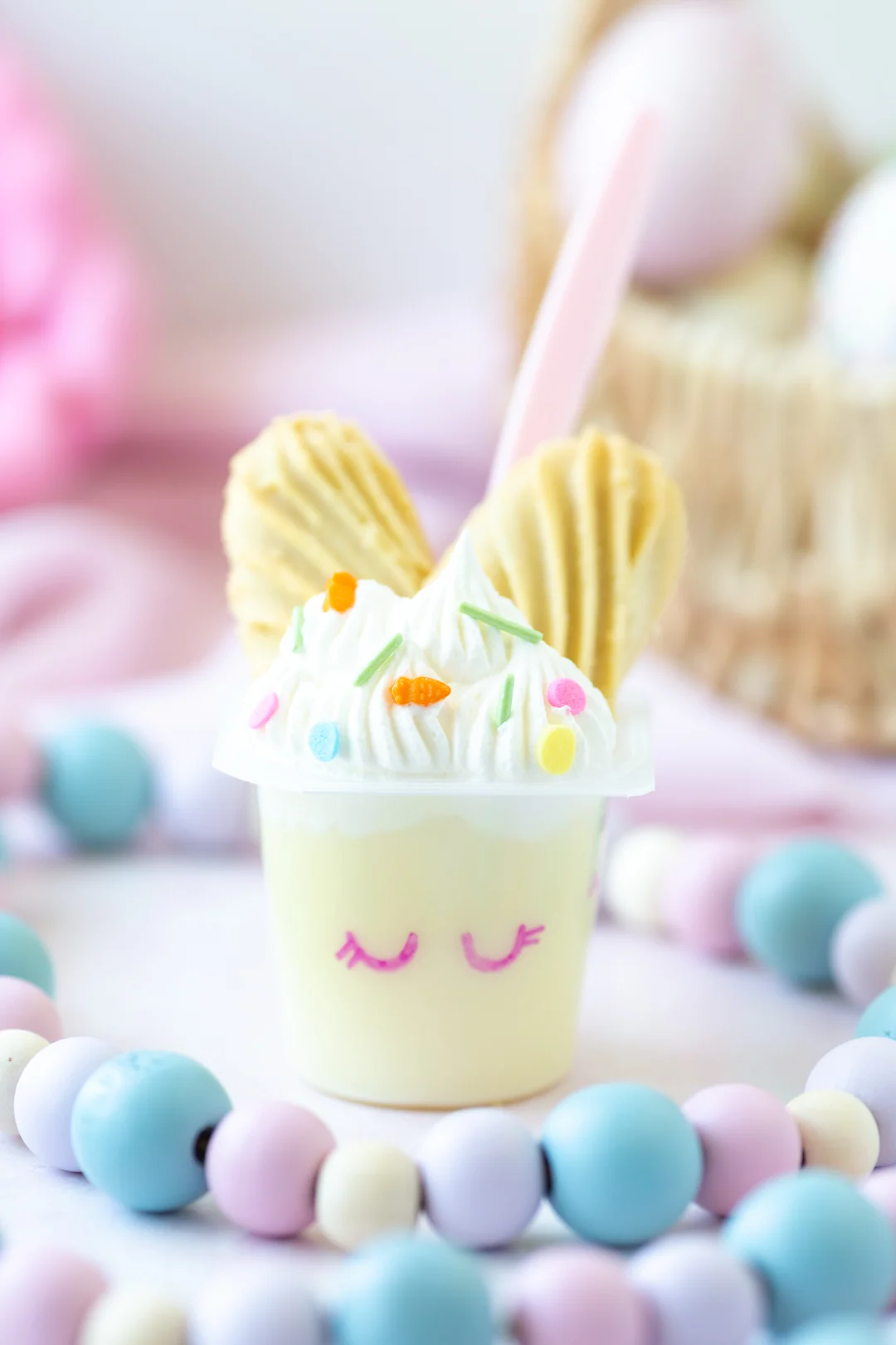 easter bunny pudding cups snack for easter with pink spoon