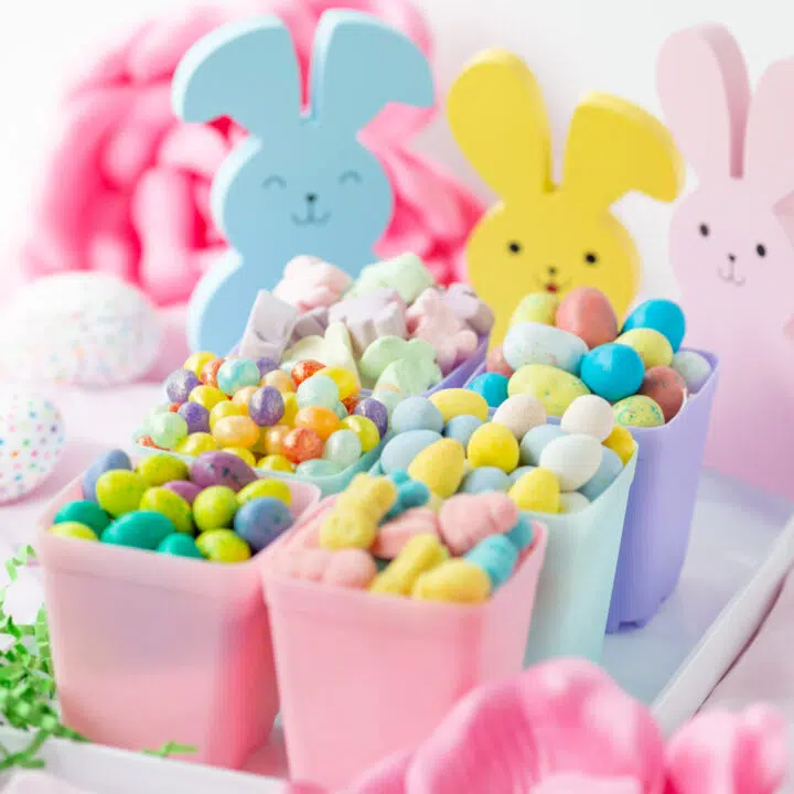 side view of adorable candy garden set for easter