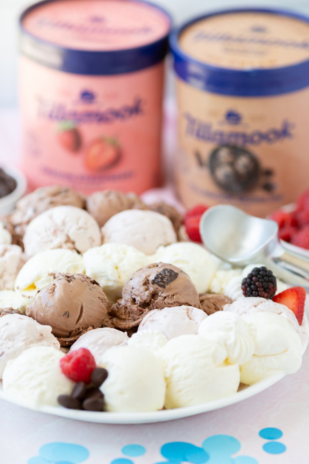 view of ice cream platter with tillamook ice cream containers in background