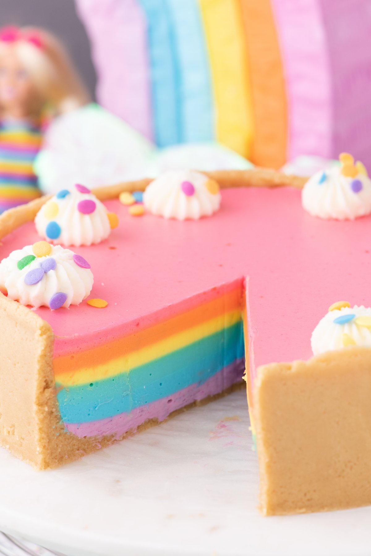 A no-bake cheesecake fit for a Barbie party - with all the colors of the rainbow.
