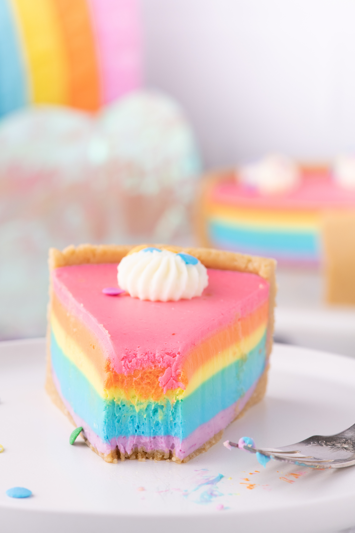 pretty rainbow cheesecake slice on a dish