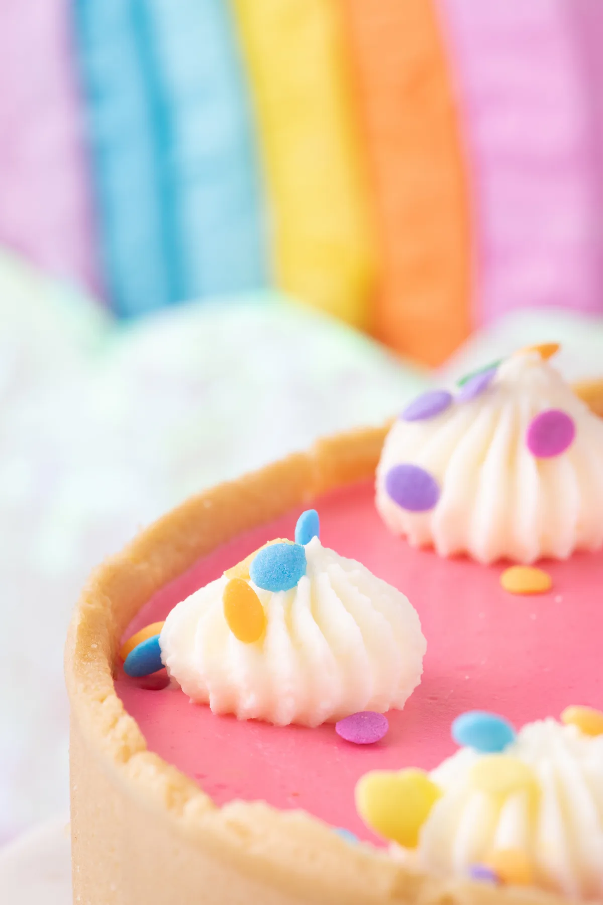 gorgeous peek of rainbow cheesecake for barbie parties