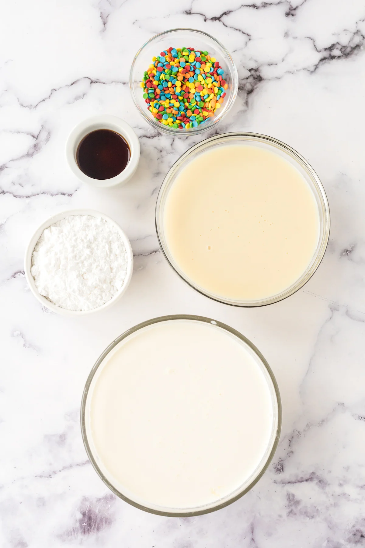 over the top view of 5 ingredient ice cream ingredients