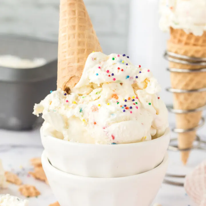 funfetti ice cream scoops in a double stacked dish