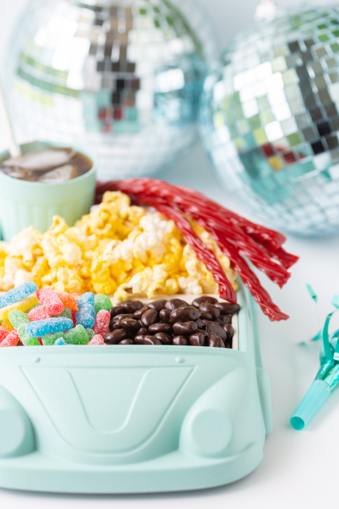 straight on view of a movie night snack tray. 