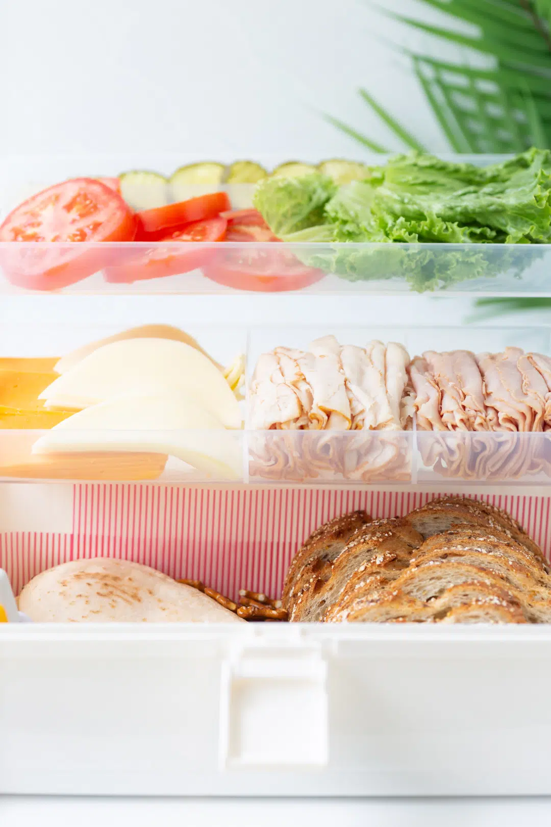 inside look at a tackle box filled with sandwich fixings from bread to tomato slices