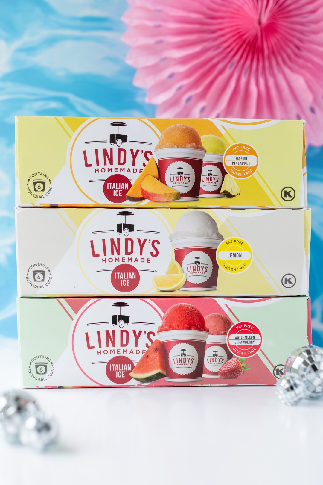 stacked packages of Lindy's Italian Ice in various flavors.