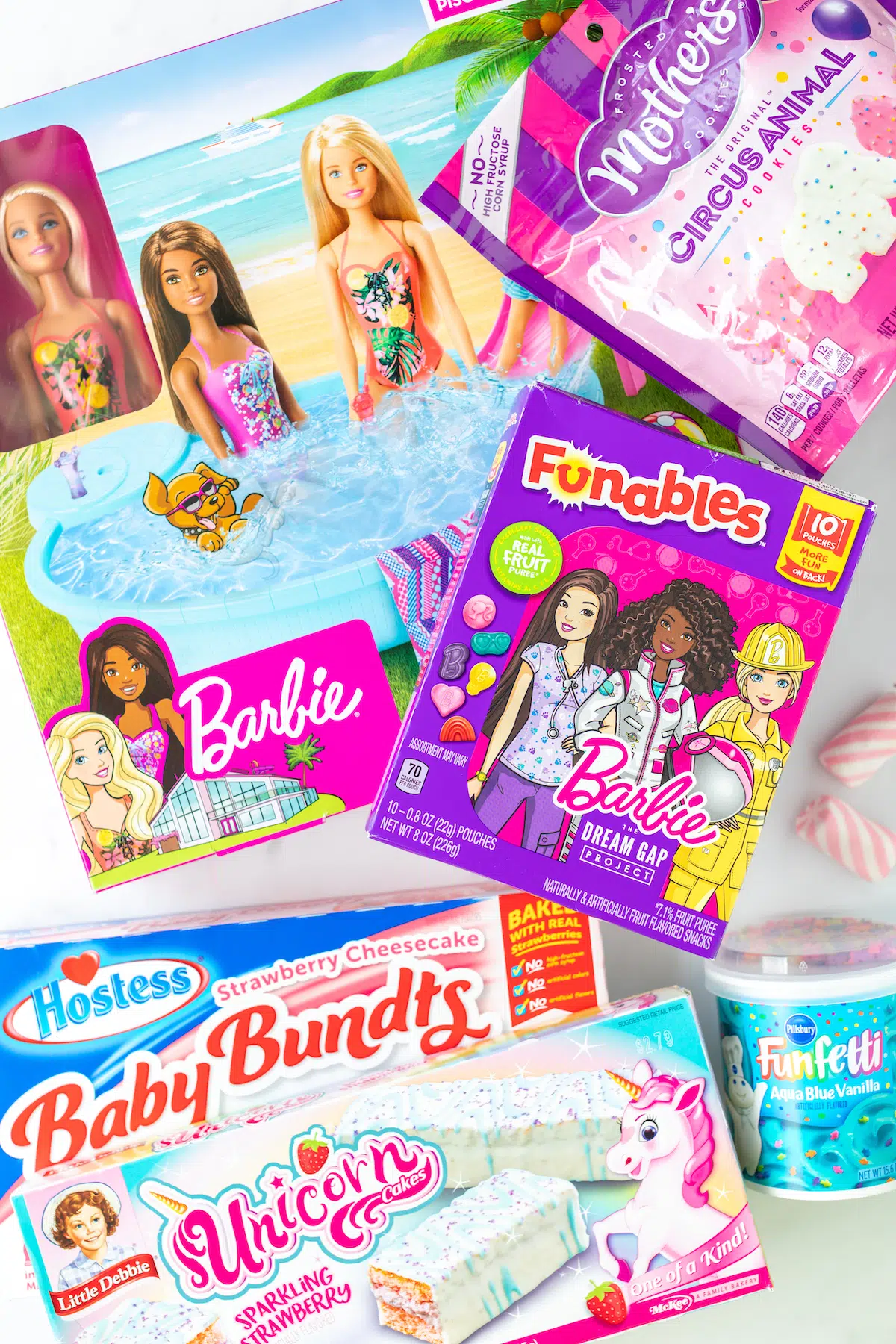 items used to make a barbie dessert board