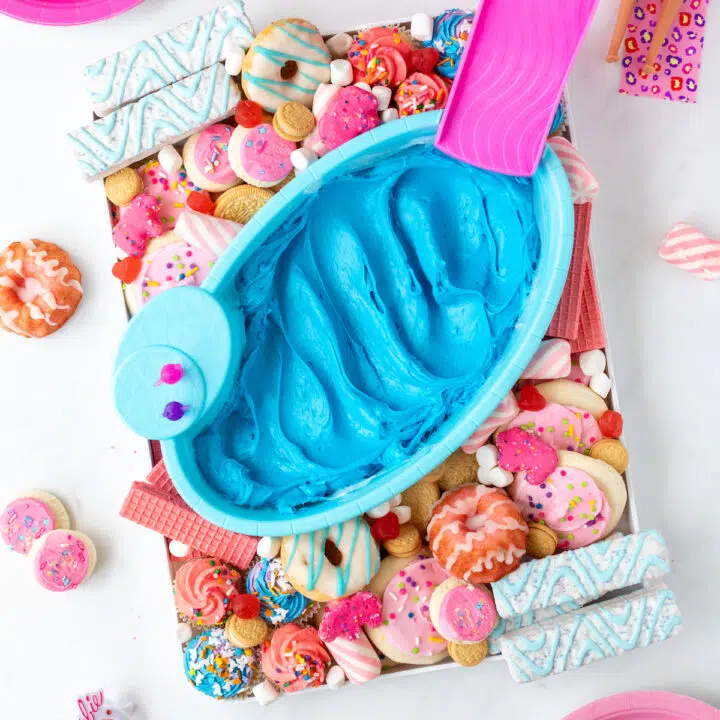 barbie dessert board with a frosting pool dip.
