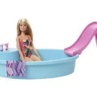 Barbie Doll and Pool Playset with Slide and Accessories, Blonde in Tropical Swimsuit