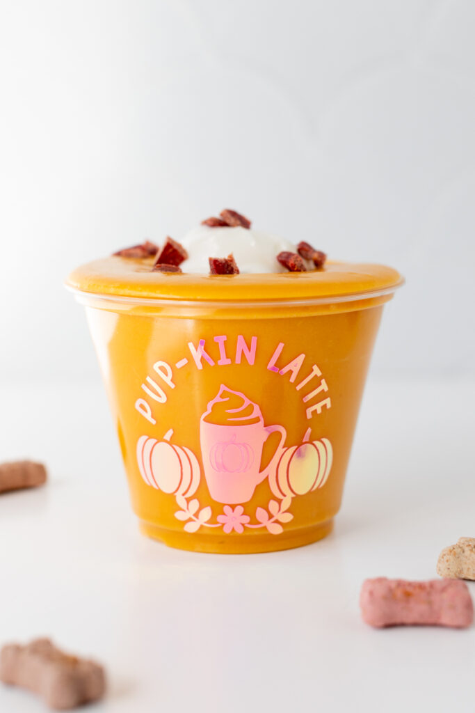 super cute pumpkin latte for dogs topped with green yogurt and bacon treats.