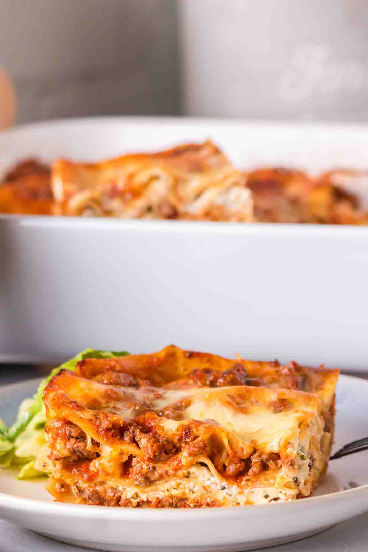 easy lasagna recipe on a white plate
