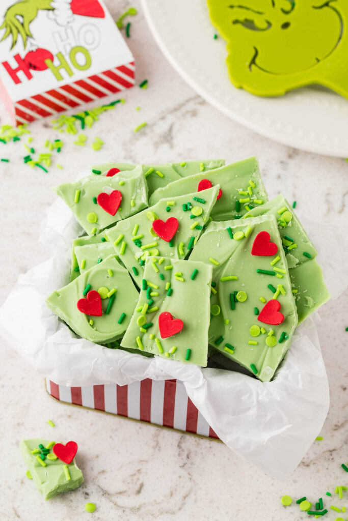 Grinch bark in red striped box