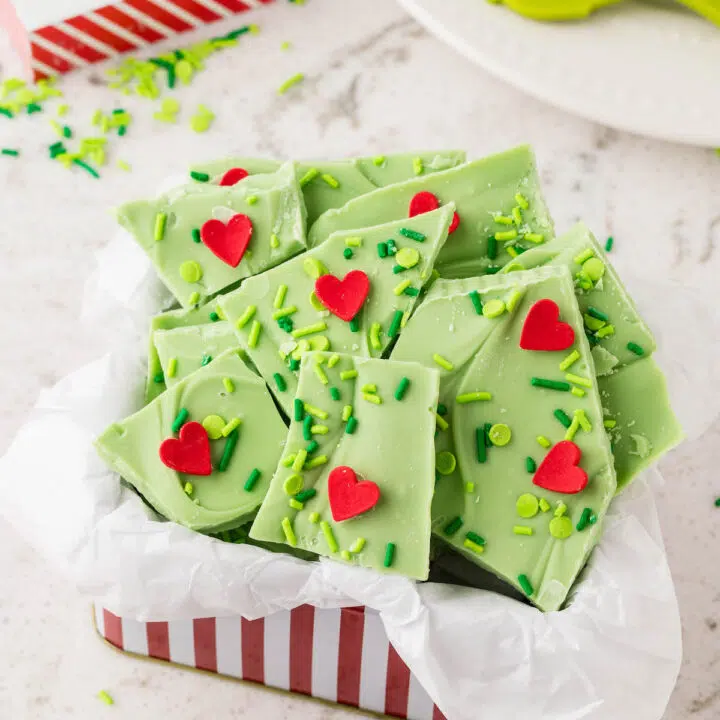 Grinch bark in red striped box