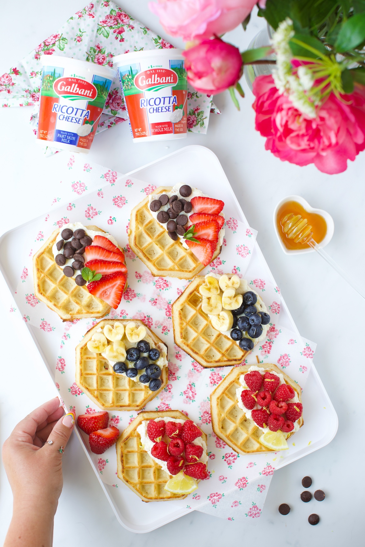 serving tray of fruit waffles. 