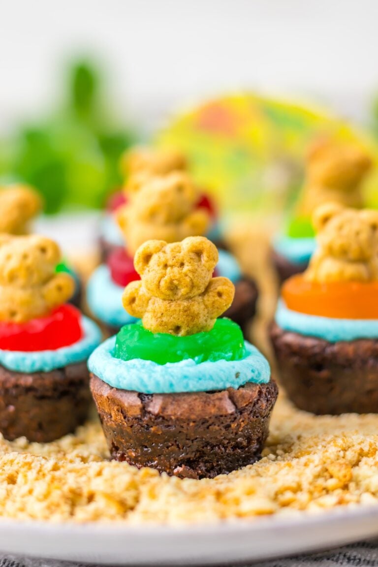 beach brownie cup with teddy bear in a gummy ring