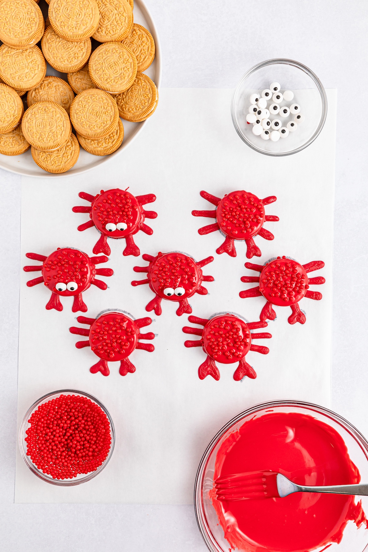 in process image of Crab Oreo cookies